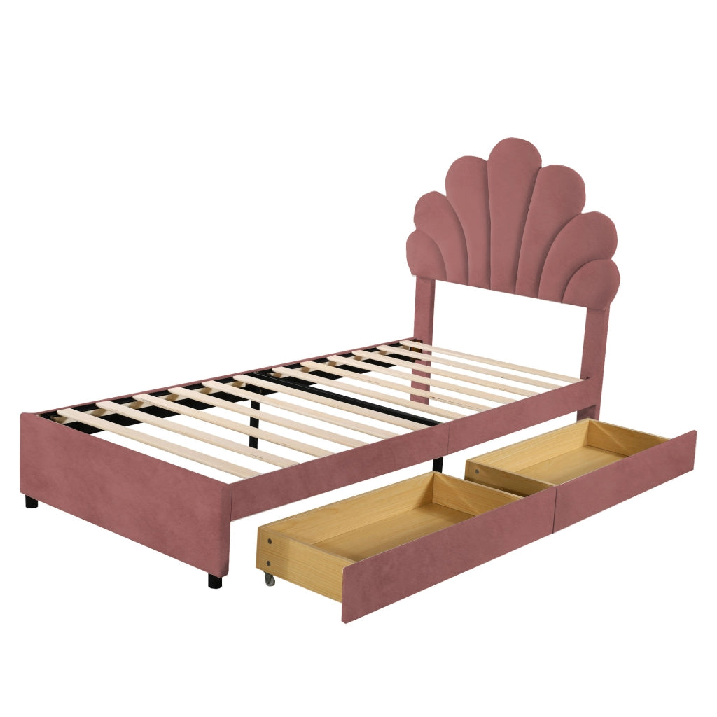 Letto imbottito per bambini 90x200 cm in velluto rosa con testiera decorativa e 2 cassetti