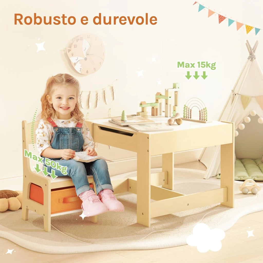 Set Mobili con Lavagna Contenitore Tavolo e Sedie per Bambini Soggiorno Tavolino con 2 Sgabelli in Legno