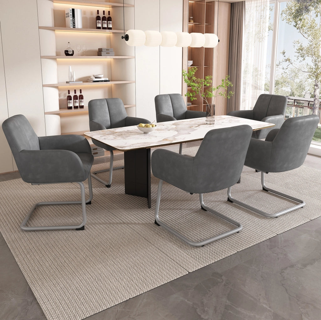 Set 2 sedie da pranzo con braccioli in pelle microfibra e metallo; grigio