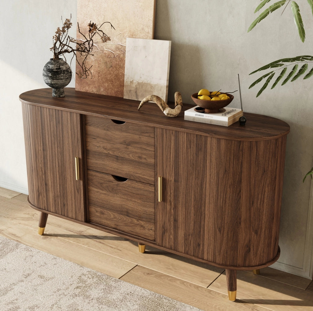Sideboard 140x40x79;5 cm in MDF noce con 2 cassetti e ripiani aperti