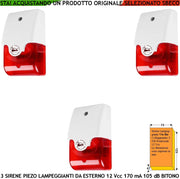 Sirena Antifurto Lampeggiante 3 Pezzi Diffusore Piezoelettrico Melodia Bitono da 1500/4000 Hz 105 dB Alimentazione 12 Vcc Assorbimento 170 mA 2 Fili Polarizzati Contenitore ABS Interno Esterno IP44
