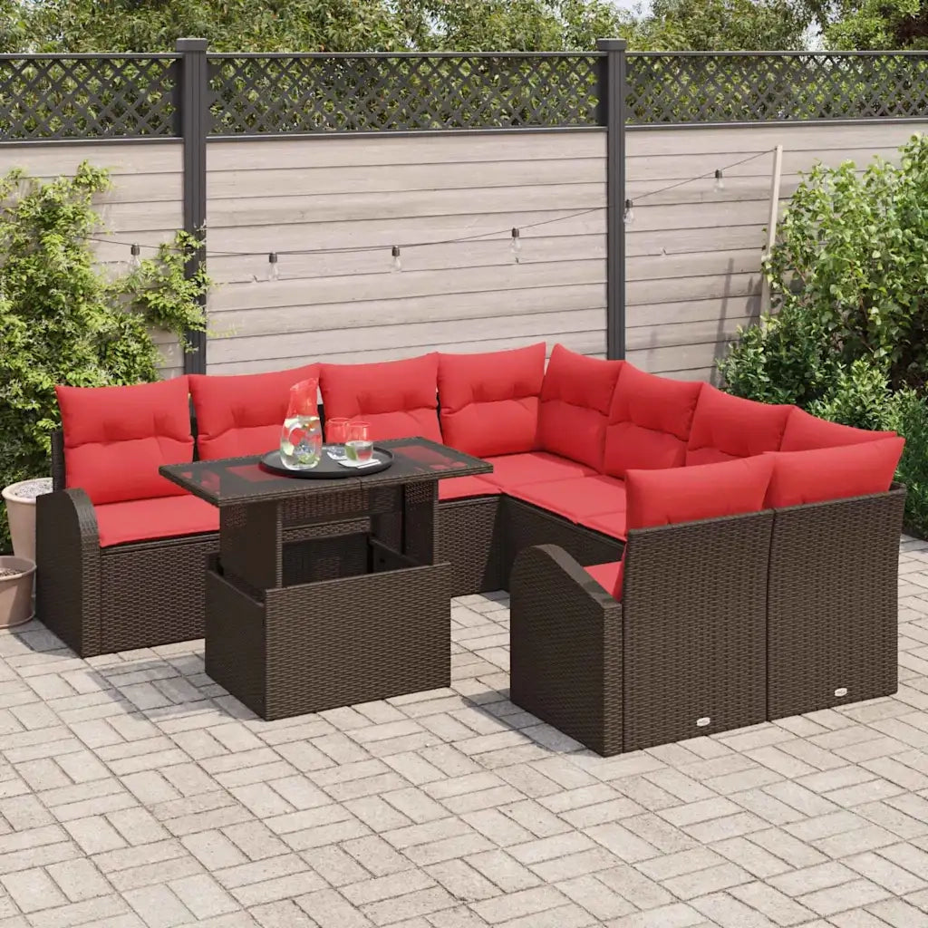 Set Divano da Giardino 9 pcs Marrone Rattan in Polipropilene