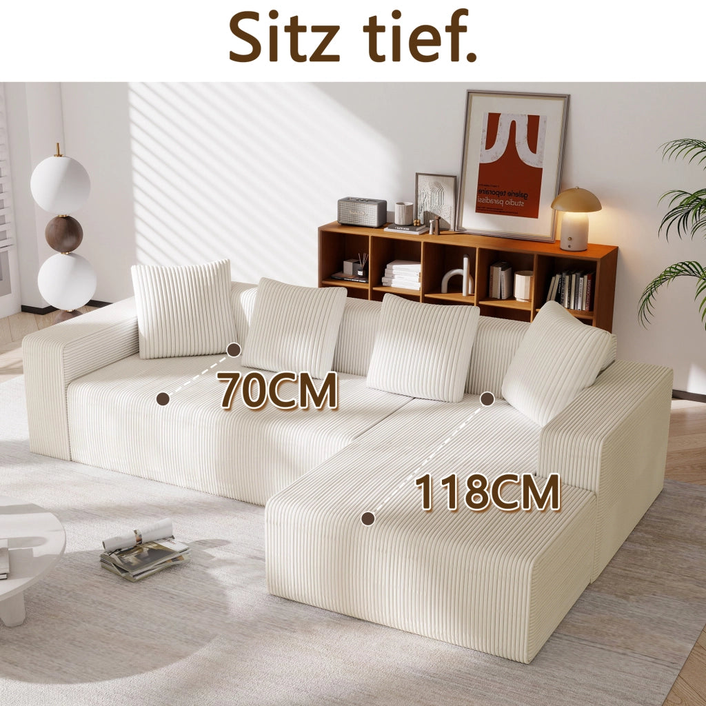 Divano modulare 3 posti con chaise longue e cuscini in velluto a coste bianco 261×146×65 cm