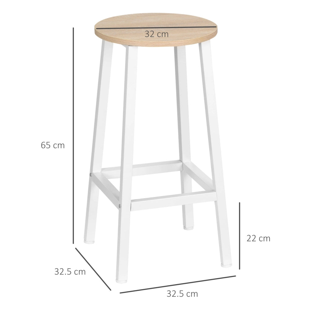 Set 2 Sgabelli da Cucina con Piano Liscio e Poggiapiedi 32,5x32,5x65 cm in Truciolato e Acciaio Bianco