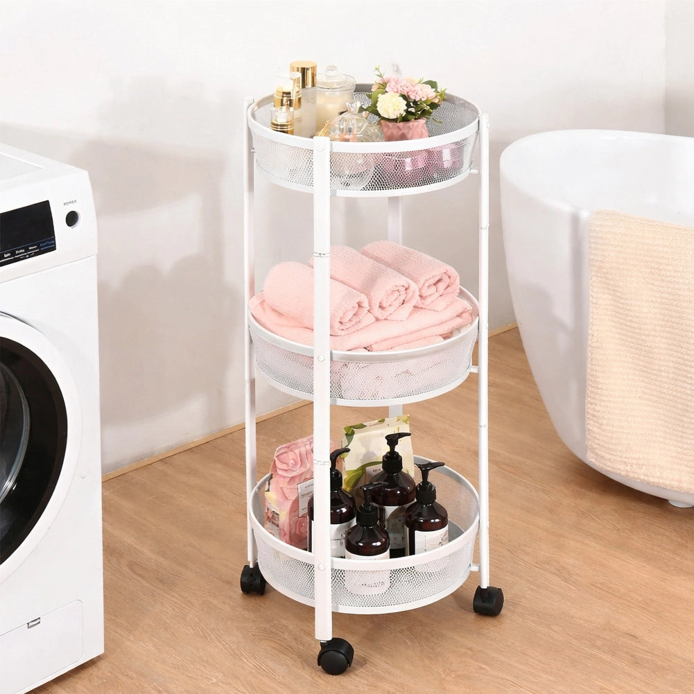 Carrello Pieghevole Salvaspazio 3 Ripiani con 4 Ruote Organizer Metallo 88x35cm Bianco