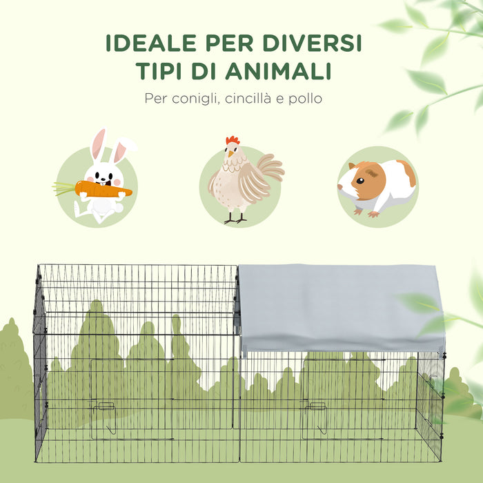 Gabbia per Conigli 220x85x103 cm a Casetta con Copertura in Tessuto e Struttura in Acciaio Argento