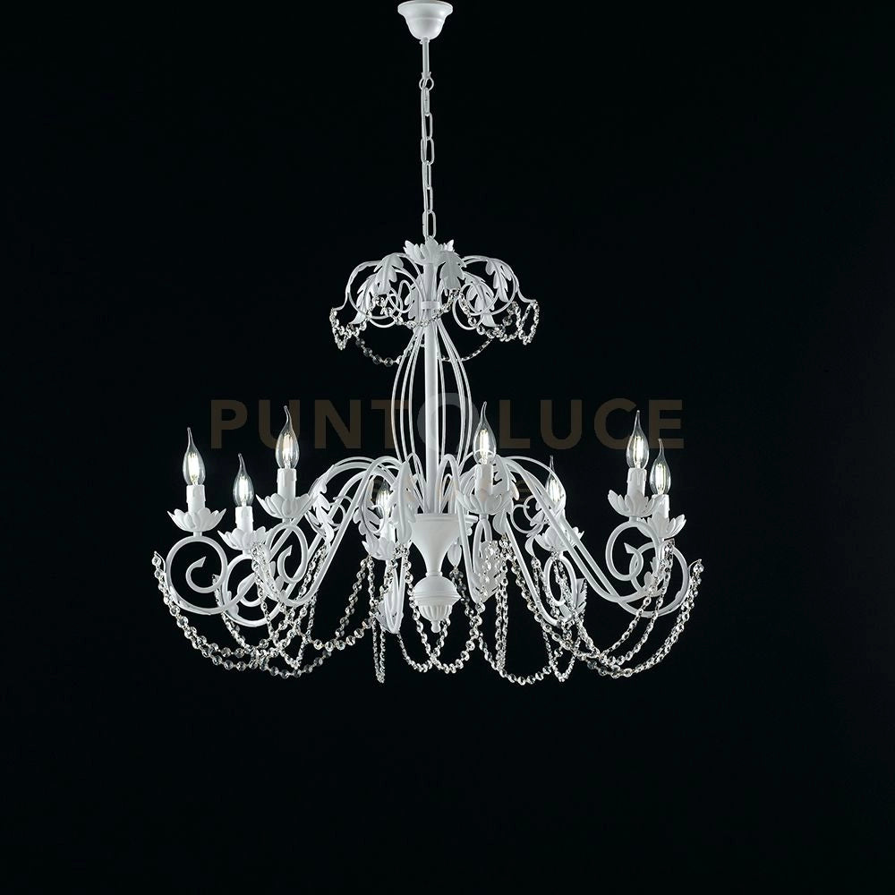 Lampadario in ferro laccato bianco con decorazione effetto shabby chic e strass in cristallo 8 luci