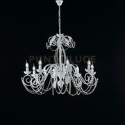 Lampadario in ferro laccato bianco con decorazione effetto shabby chic e strass in cristallo 8 luci