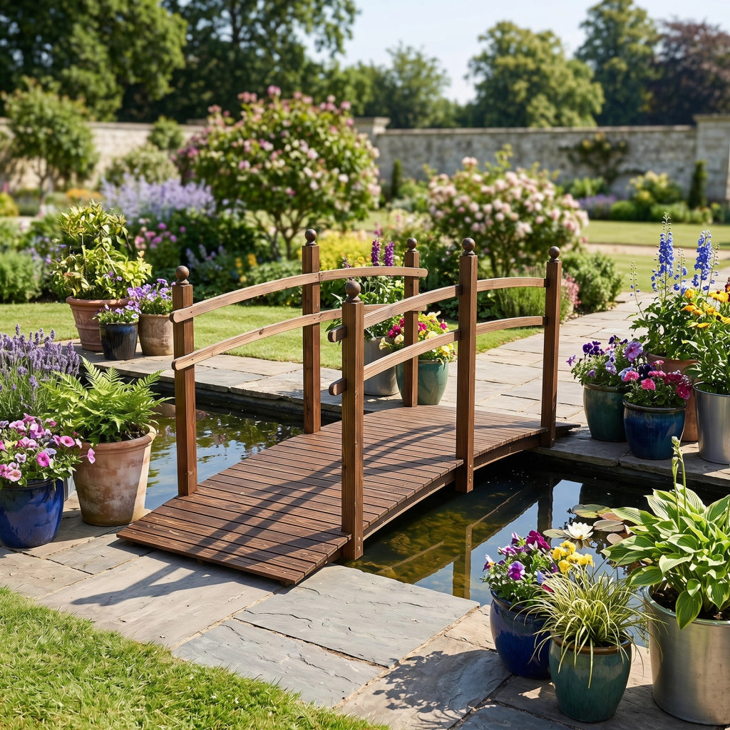 Ponte da giardino in abete carbonizzato con ringhiere, Ponticello decorativo per cortile e fattoria con portata 500 kg 230 x 73 x 108 cm