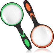 Due lenti di ingrandimento da 100 mm con manico di gomma antiscivolo, 6x ingrandimento, lente di ingrandimento antiscivolo per bambini e anziani per libri scientifici, riviste, insetti, hobby (verde + arancione)