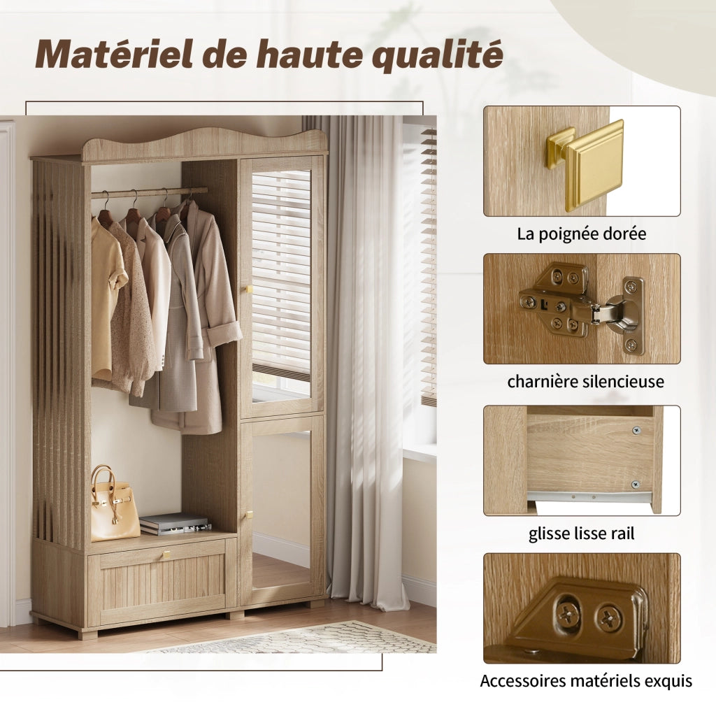 Armadio con 2 Ante e 1 Cassetto; Anta a Specchio e Barra Appendiabiti Aperta; Stile Moderno; in MDF; 115;5??38;5??194;5 cm; Rovere