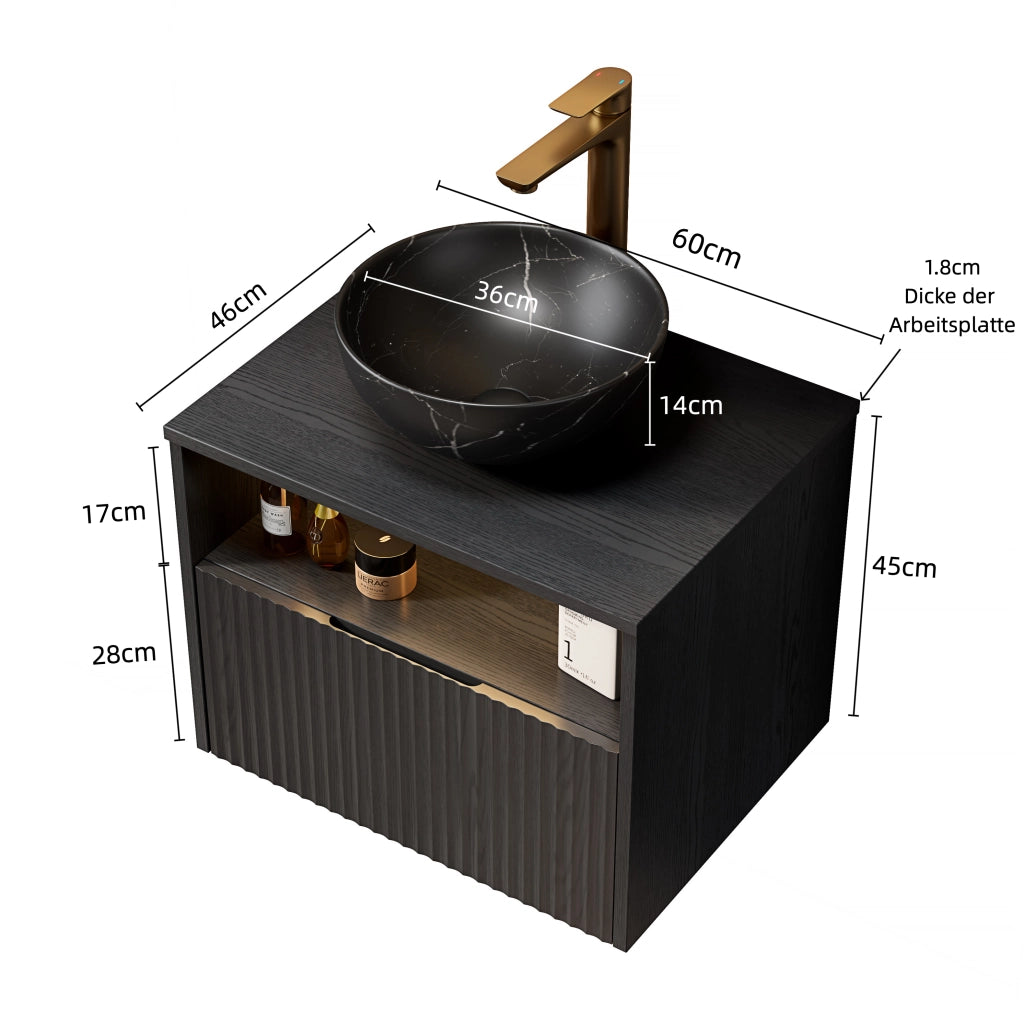 Mobile bagno sospeso con 1 cassetto e 1 vano aperto; lavabo in ceramica e luce LED con sensore; 60×46×60.8 cm