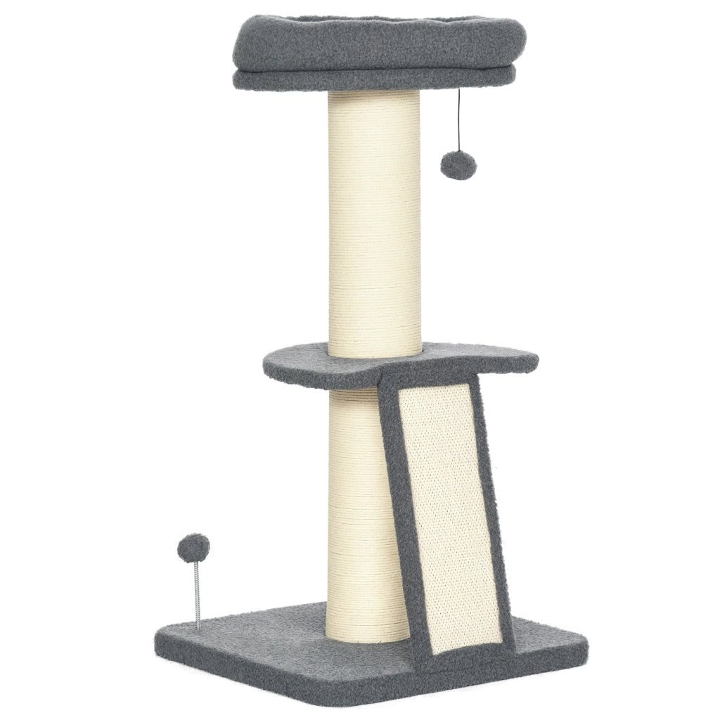Albero per gatti con tronco griffaio in sisal, palle sospese e piattaforma ¨C zephmum ¨C grigio 92 cm