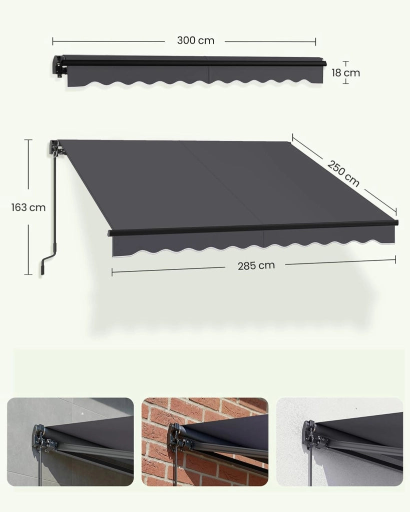 SONGMICS Tenda da Sole a Bracci Articolati, Tenda con Manovella, Parasole per Balcone, UPF 50+, Lega di Alluminio, Regolabile, 300 x 250 cm, Grigio GSA306GZ01