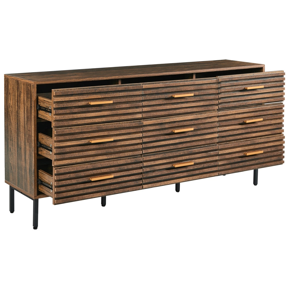 Cassettiera a 9 cassetti Marrone scuro Nero MDF Ferro Stile moderno Contenitore Soggiorno Camera da letto