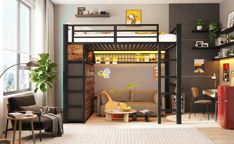 Letto a soppalco in metallo con 8 cassetti, LED e scaffali, 140x200 cm, nero