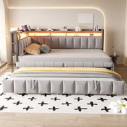 Divano letto estraibile ULEVR 90x200 cm con LED, USB e Type-C, vani portaoggetti, velluto grigio chiaro