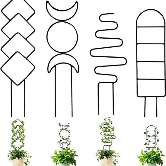 4 set di grucce per piante da interni, piccoli rebbi in metallo per piante da esterni, adatti per piante rampicanti, fiori e altre piante rampicanti, 4 diversi disegni in acciaio nero