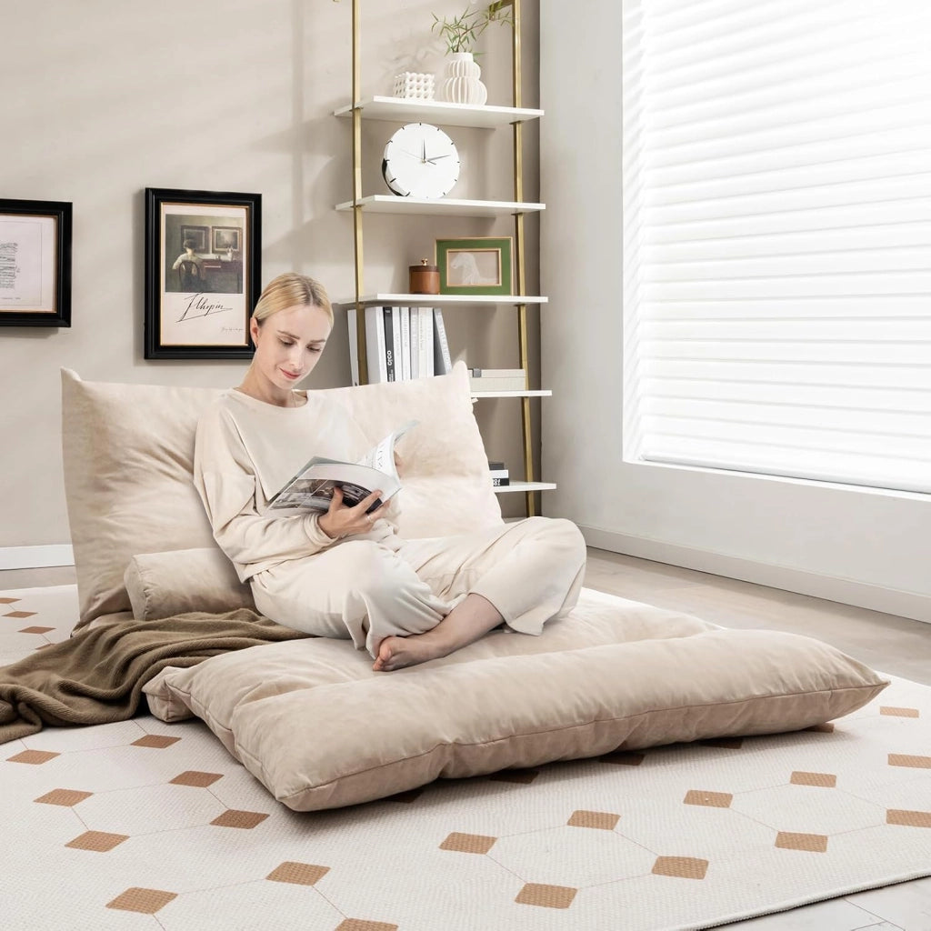 Divano da Terra Pieghevole, Divano Letto 2 Posti con Schienale Regolabile, Divano da Pavimento Trasformabile con 2 Cuscini per Camera da Letto Salone Balcone (Beige)
