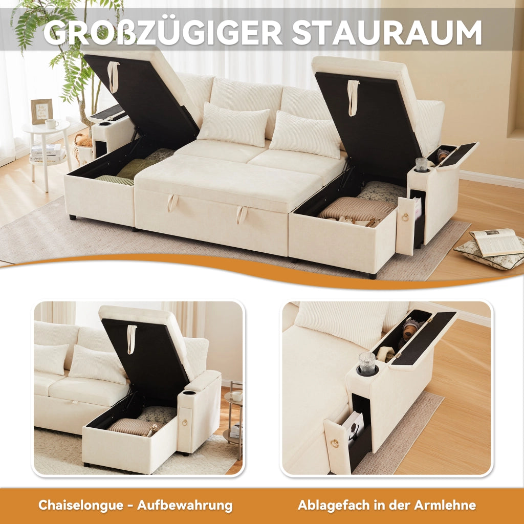 Divano angolare convertibile 4 posti con vano contenitore, portabicchieri e cuscini, in Chenille e Corduroy Beige