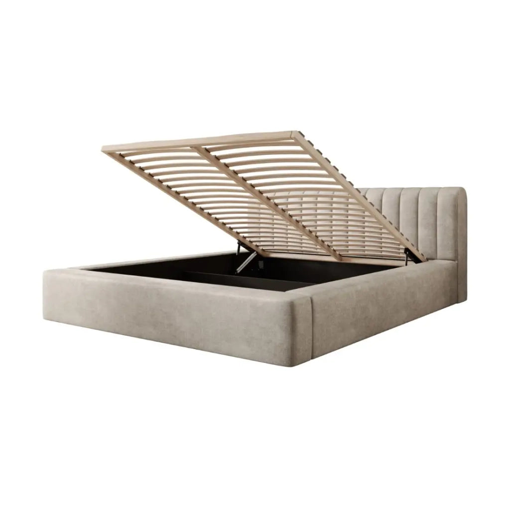 Lit coffre CERVIN – Velluto morbido Lino naturale – 160x200 cm – Rete sollevabile – Design elegante