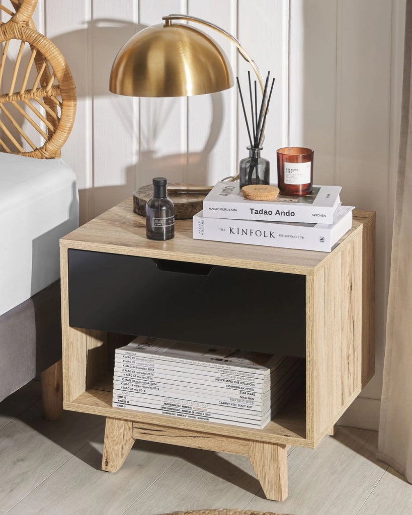 Comodino in legno chiaro con 1 cassetto Nero 46 x 50 cm minimalista scandinavo