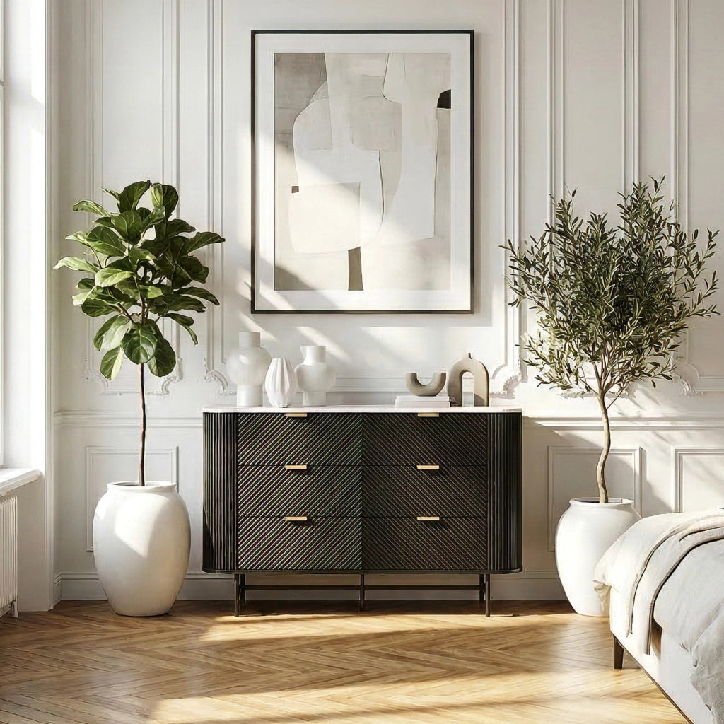 Comò a 6 Cassetti Olvehok Cassettiera 120 x 40 x 81 cm - Nero/Effetto Marmo Bianco [en.casa]