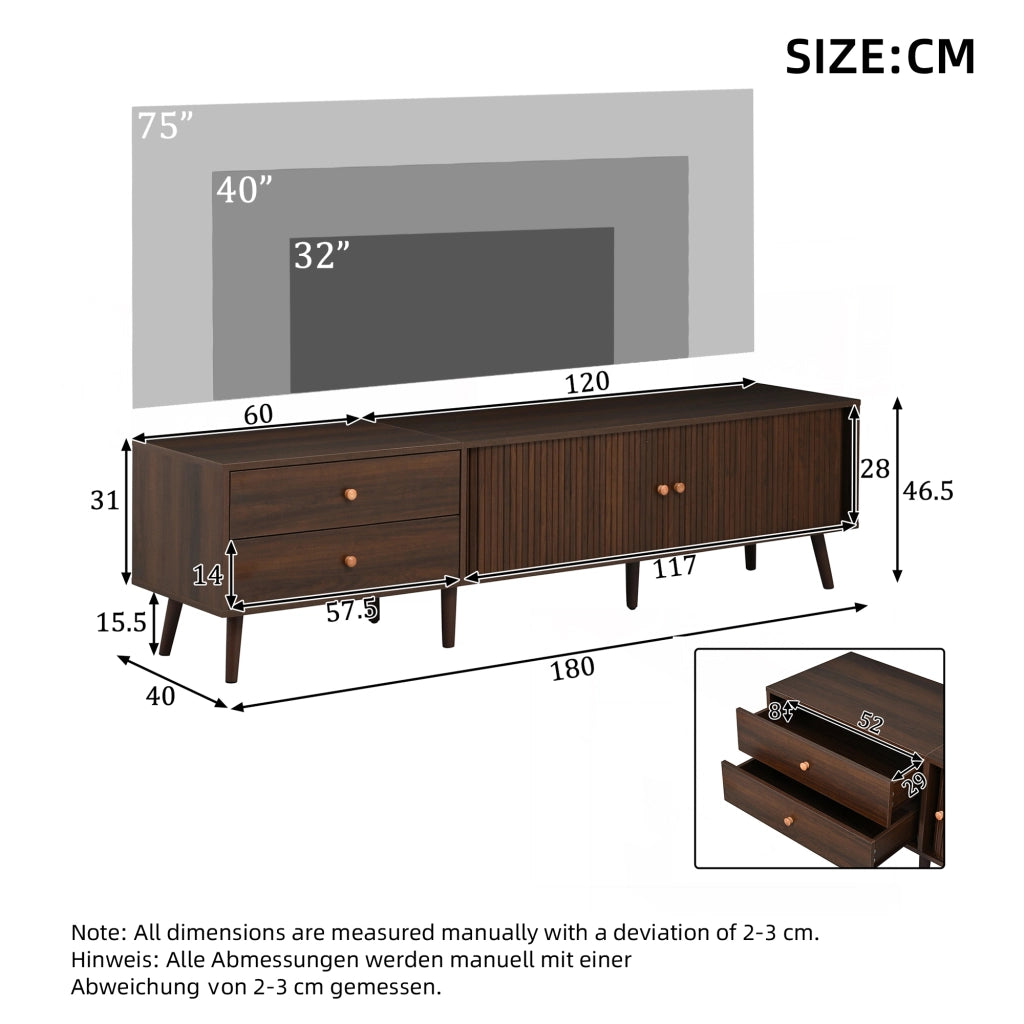 Mobile porta TV con 2 cassetti, 2 ante scorrevoli e 8 piedi, per soggiorno, in MDF, noce, 180 × 40 × 46,5 cm