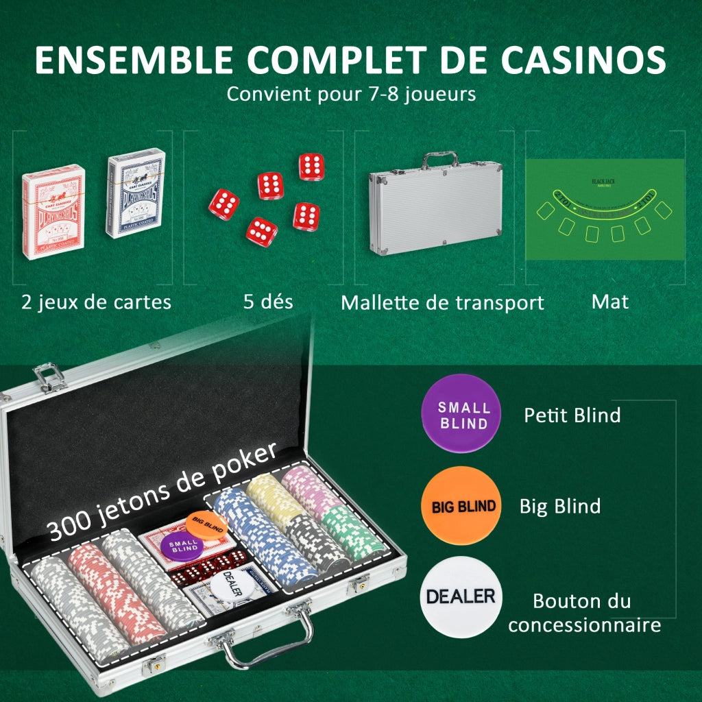 Set di Poker Completo con 300 Fiches e 2 Mazzi ¨C Minimal ¨C 3 Bottoni, Tappeto in Feltro, Colore Grigio
