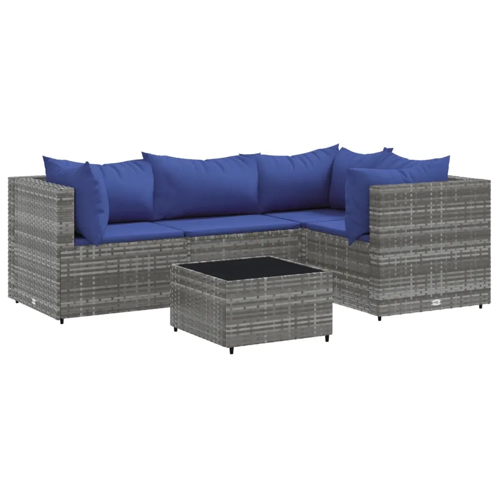 Set Divani da Giardino 5 pz con Cuscini in Polyrattan Grigio