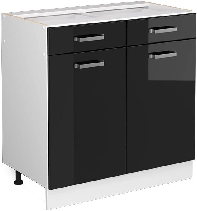 Mobiletto base per cucina R-Line, Nero lucido, 80 cm senza piano di lavoro, per la libera combinazione all'interno di sistemi cucina modulari