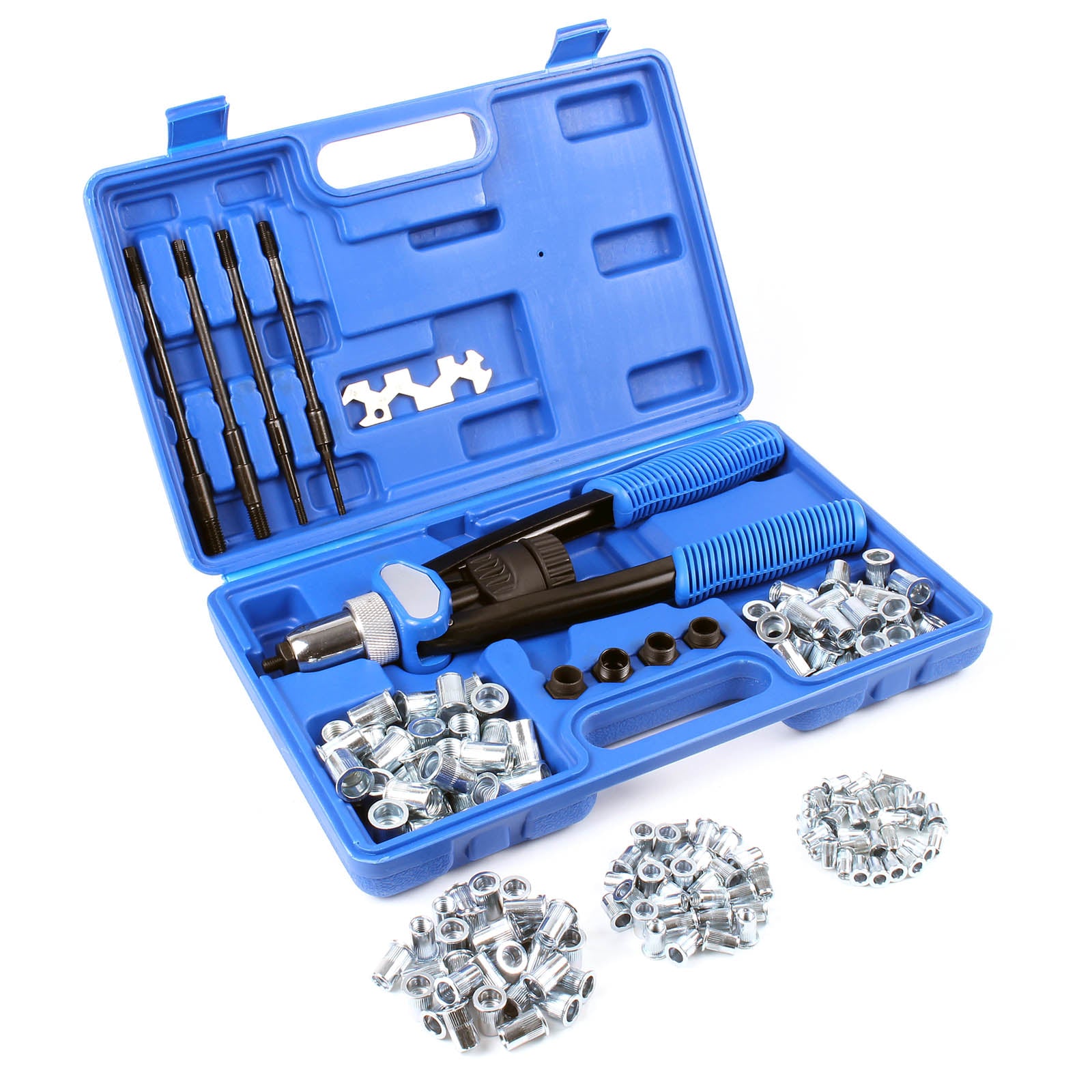 Set pinza rivettatrice con 5 punte e 150 dadi a rivetto M5/M6/M8/M10/M12 30 pz. ciascuno