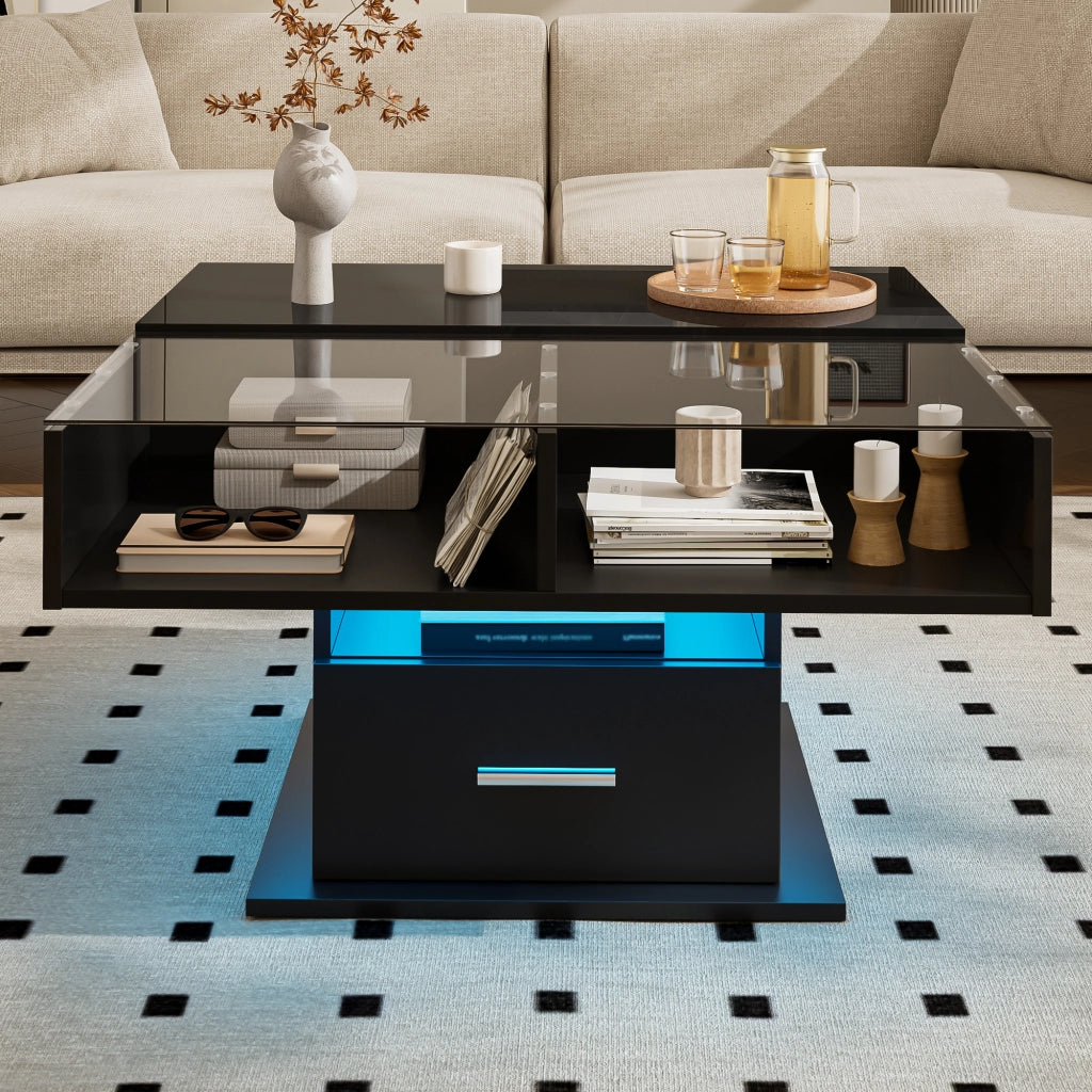 Tavolino da Caffè Sollevabile con 1 Cassetto e 1 Vano e LED; Finitura Parzialmente Lucida; Stile Moderno; in Pannello Truciolare; Nero