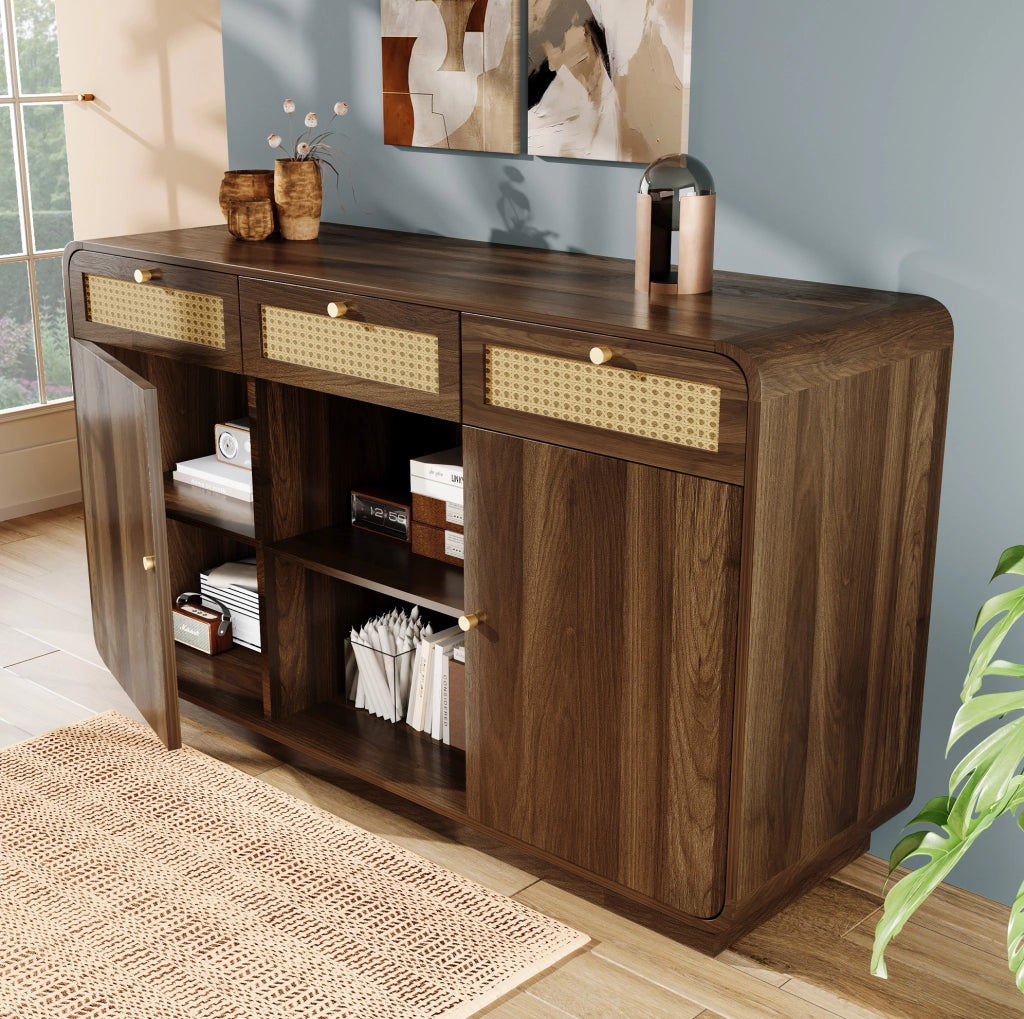Credenza 120 cm in MDF e truciolare effetto noce con 3 cassetti e ante