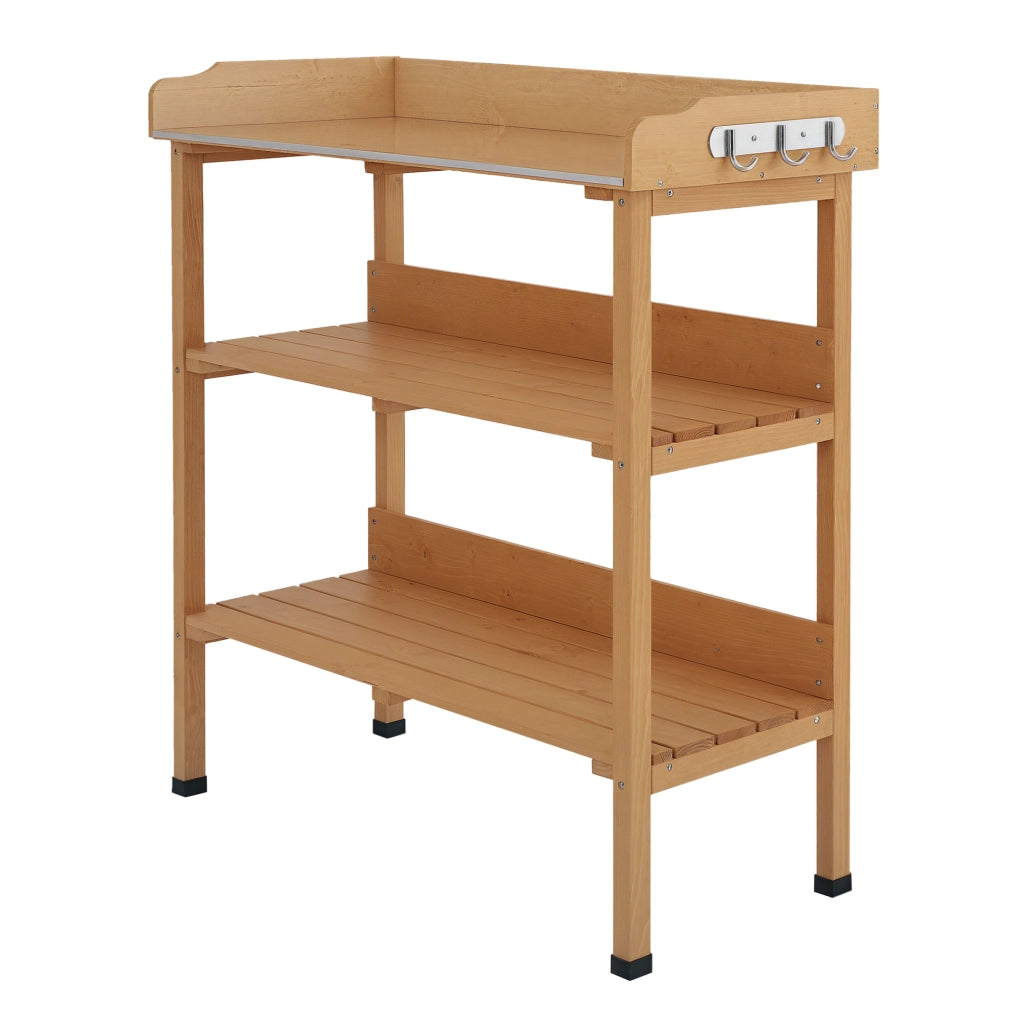 Tavolo da Giardinaggio in Legno ¨C Xylo ¨C Piano Metallo Ripiani Ganci 76x37x89 cm Naturale