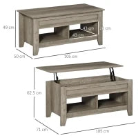 Tavolino Rettangolare con Piano Sollevabile, 2 Scomparti Aperti, Pannello Truciolare, 105 x 50 x 49cm, Rovere