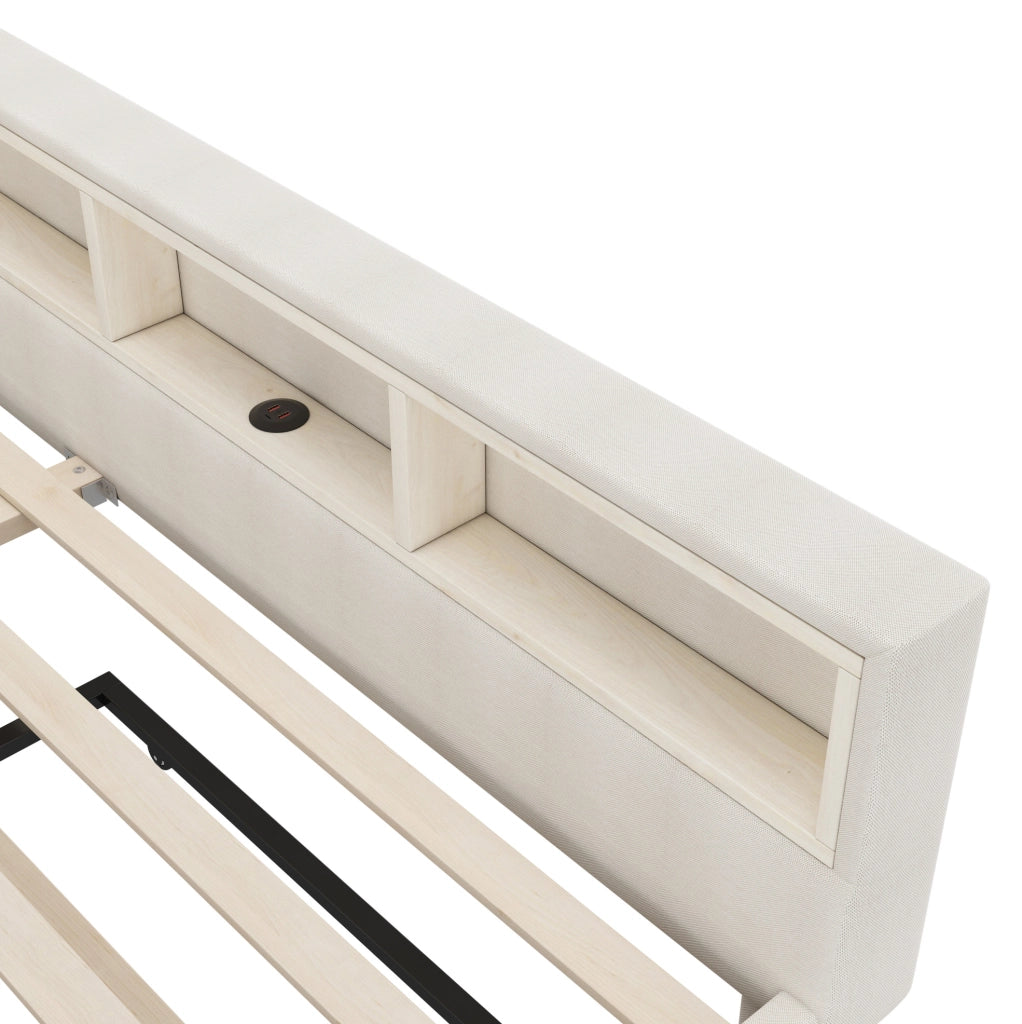 Letto 140x200 cm con LED; USB e vani portaoggetti in lino beige