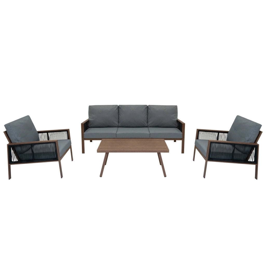 Set Mobili da Esterno 4 Pezzi in Alluminio Divano Tavolino Poltrone Effetto Legno