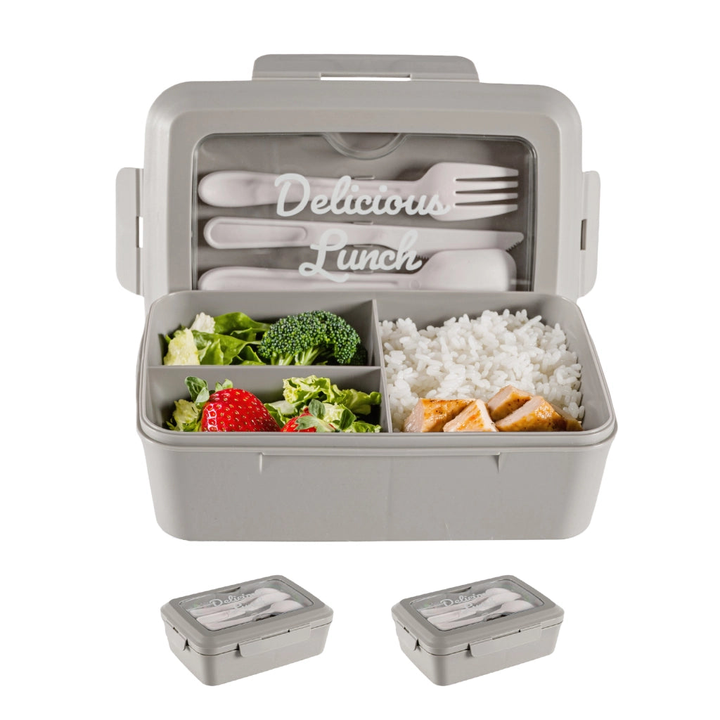 Set 2 Pezzi Lunch Box Porta Pranzo 1300 ml con 3 Posate, Contenitore Ermetico Per Alimenti BPA Free, Utilizzabile in Microonde e Lavastoviglie, Porta Pranzo con 3 Scomparti Grigio