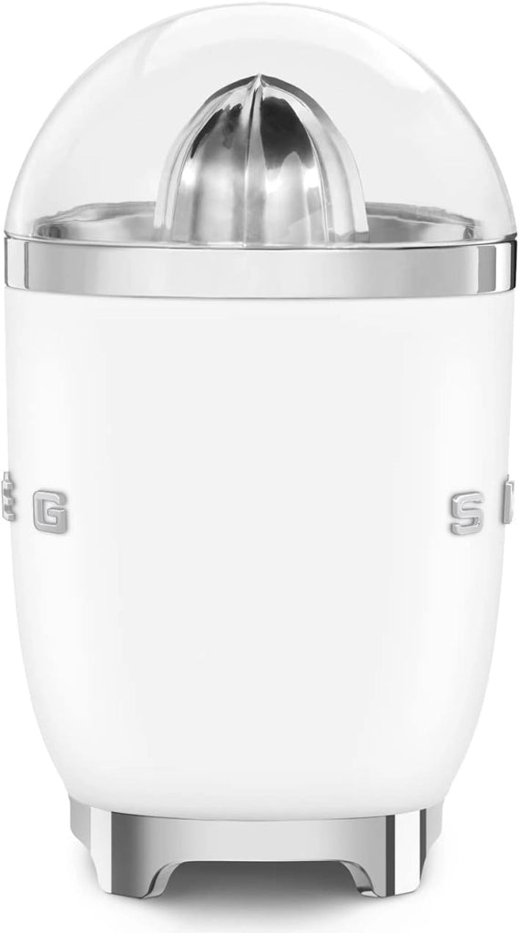 Smeg, spremiagrumi elettrico cjf11whmeu, spremitura a pressione manuale, beccuccio antigoccia e cono universale, base antiscivolo, avvolgicavo integrato, 70w, bianco