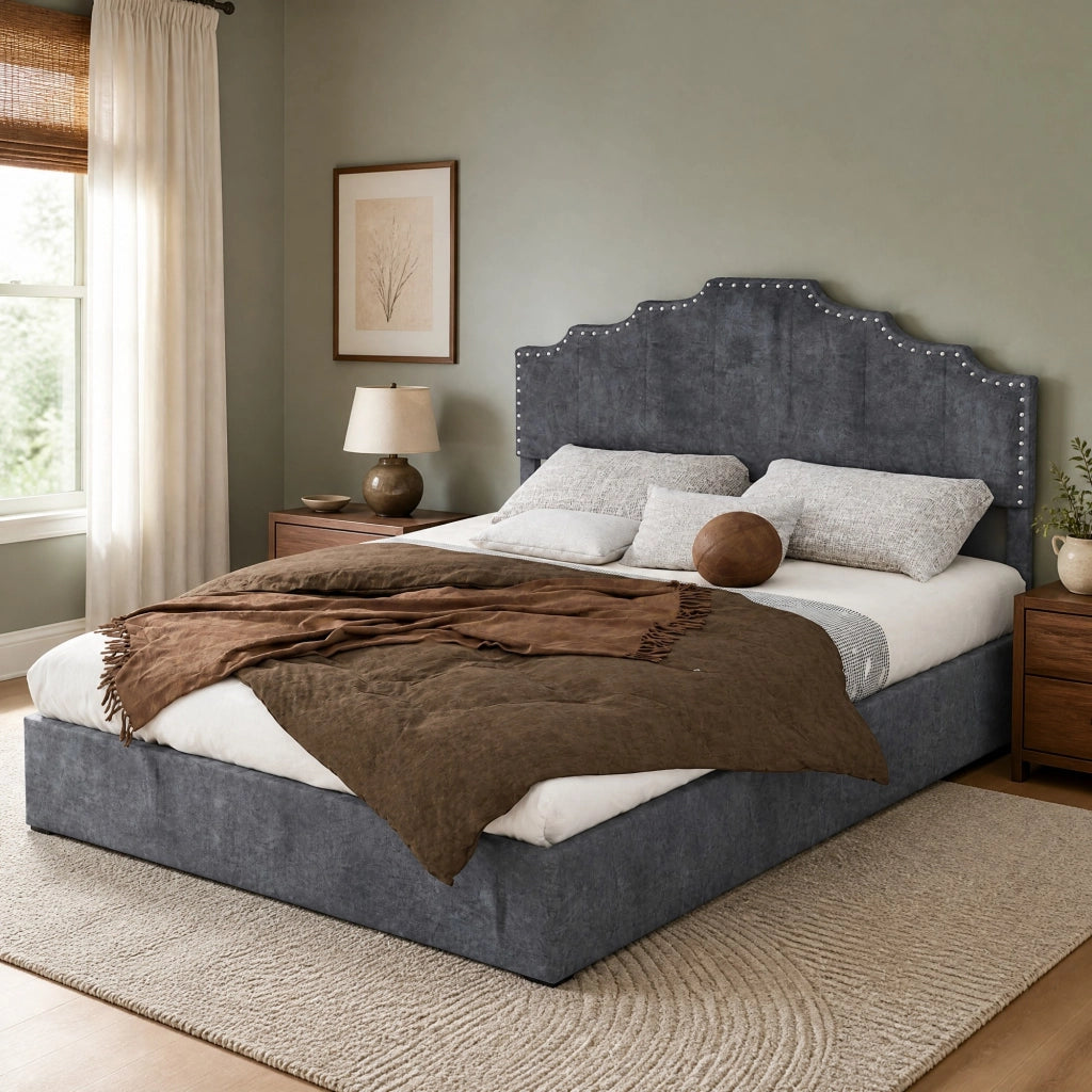 Letto matrimoniale 140x200 cm in velluto grigio con testiera geometrica