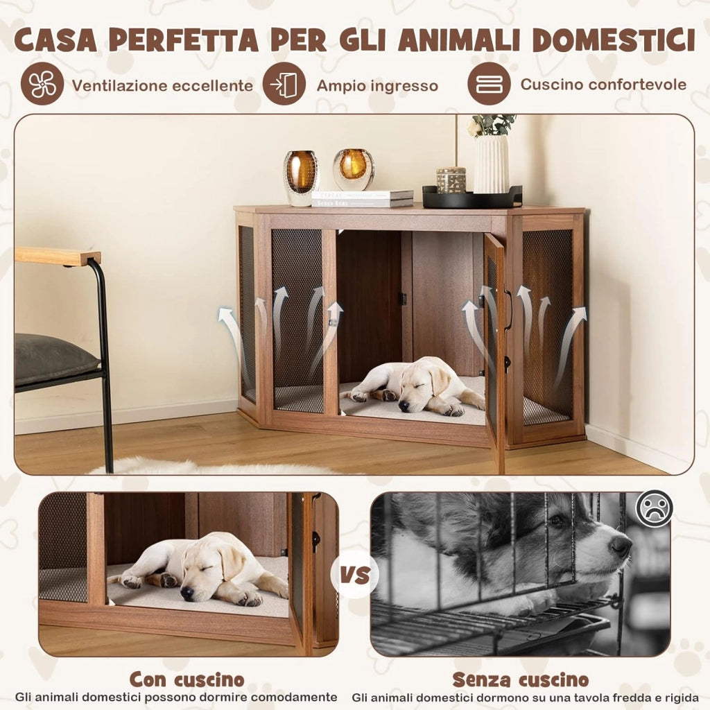 Gabbia per Cani ad Angolo, Casetta per Cani Angolare con Porta a Rete e Cuscino, Maniglia e Chiavistello, Mobile Kennel per Animali da Interno per Stanze e Appartamenti Piccoli