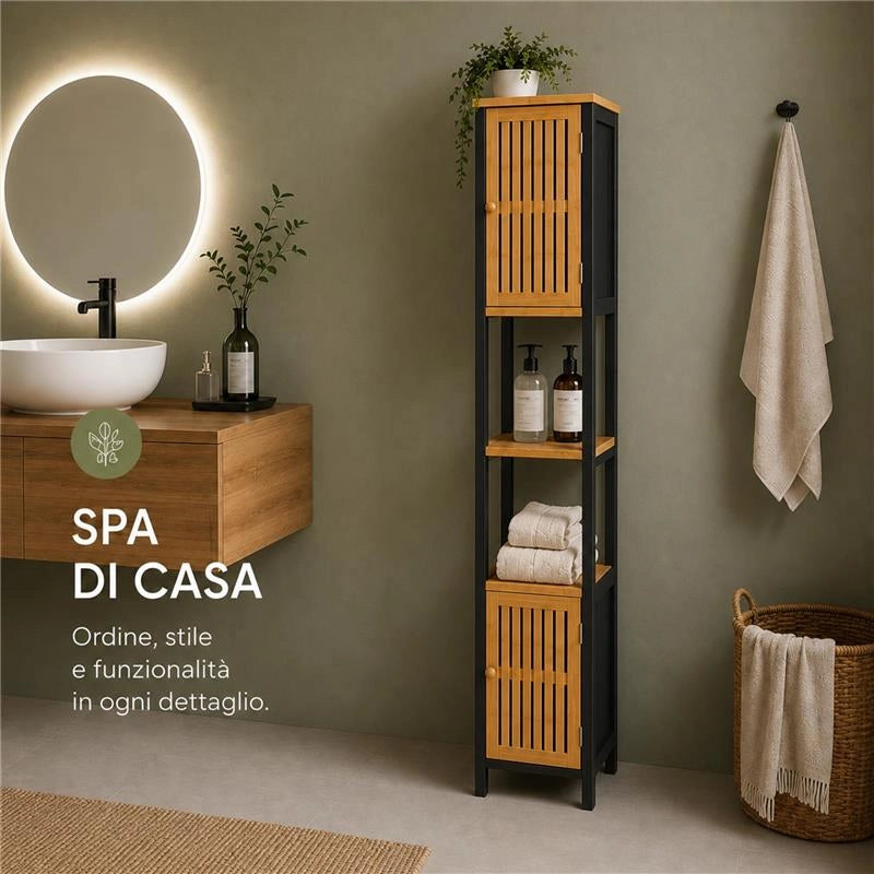 MOBILE DA BAGNO IN LEGNO CON 2 ANTE E RIPIANO IN BAMBOO - COLORE NERO DIMENSIONI 32X30X173 CM