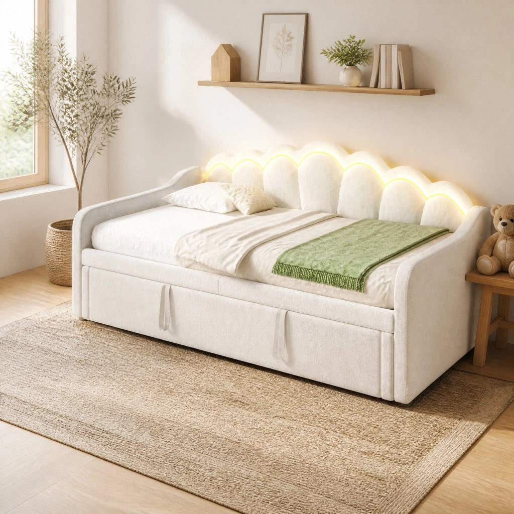 LETTO Divano estraibile 90x200/180x200 cm in velluto beige con LED