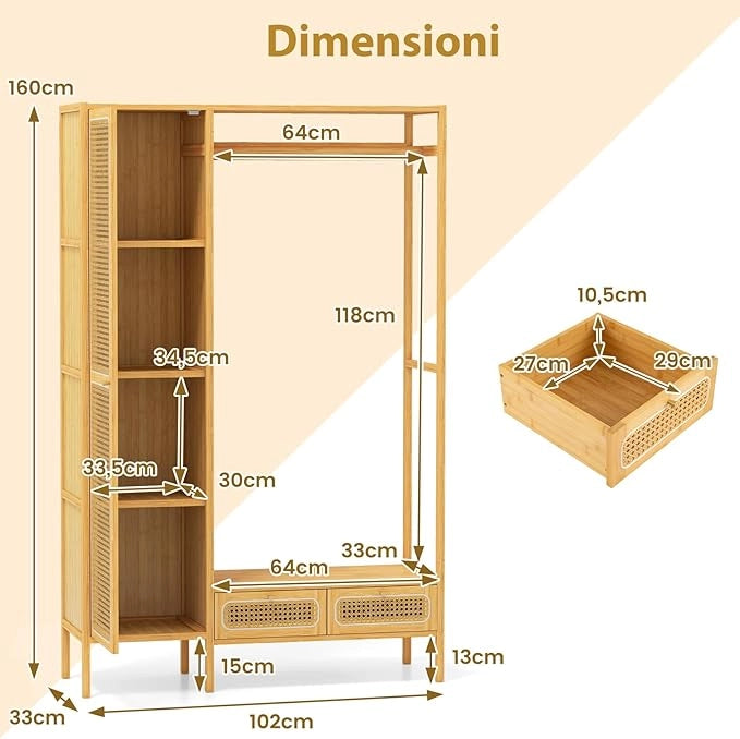 Appendiabiti in Bambù, Porta Abiti con Armadietto Mensola e Cassetti, Organizzatore di Armadio Autoportante per Ingresso Camera da Letto, 102 x 33 x 160 cm
