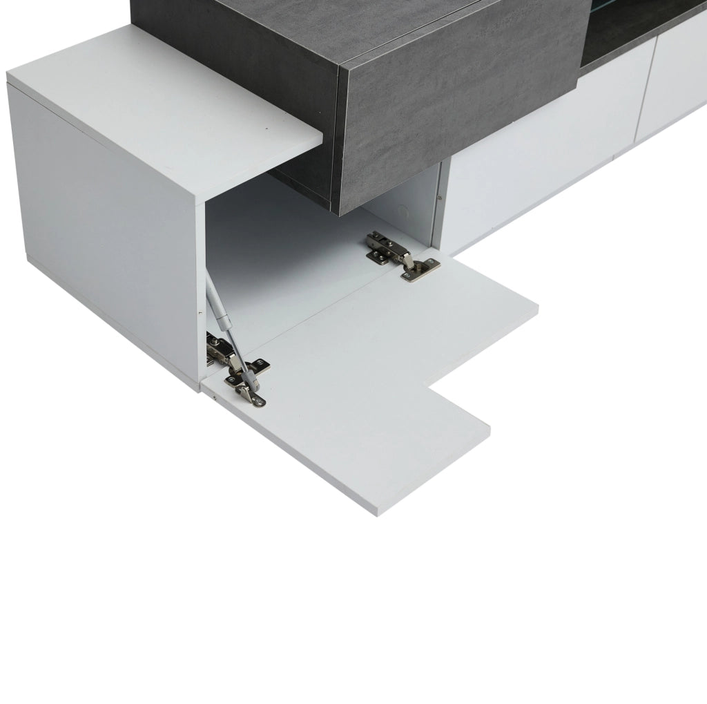 Mobile TV LED 180 cm bianco e grigio effetto marmo con ripiani in vetro