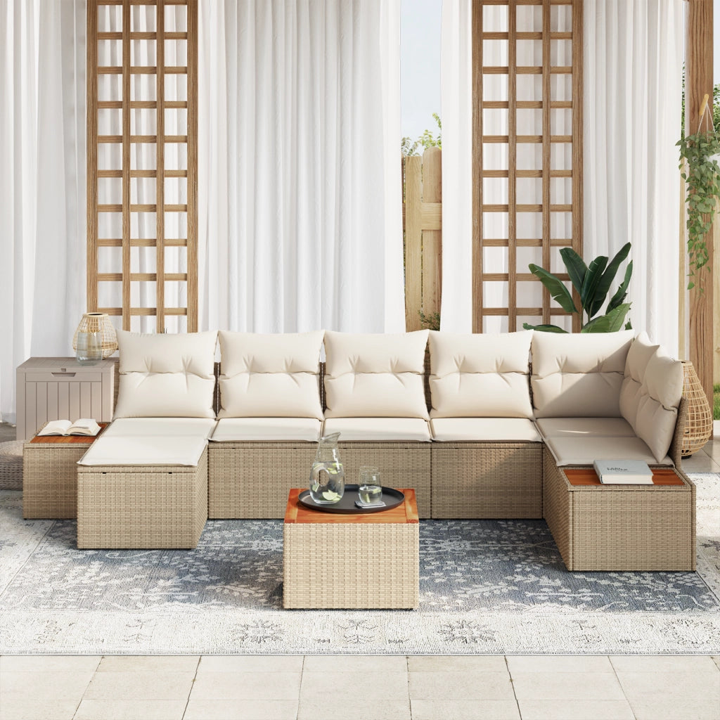 Set di Divano da Giardino a 8 Pezzi con Cuscini Beige in Rattan Polipropilene e Acacia