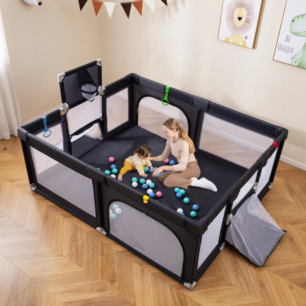 Recinto da gioco per bambini con porta con cerniera rete traspirante-Recinto gioco per bambini con canestro da basket Grigio scuro
