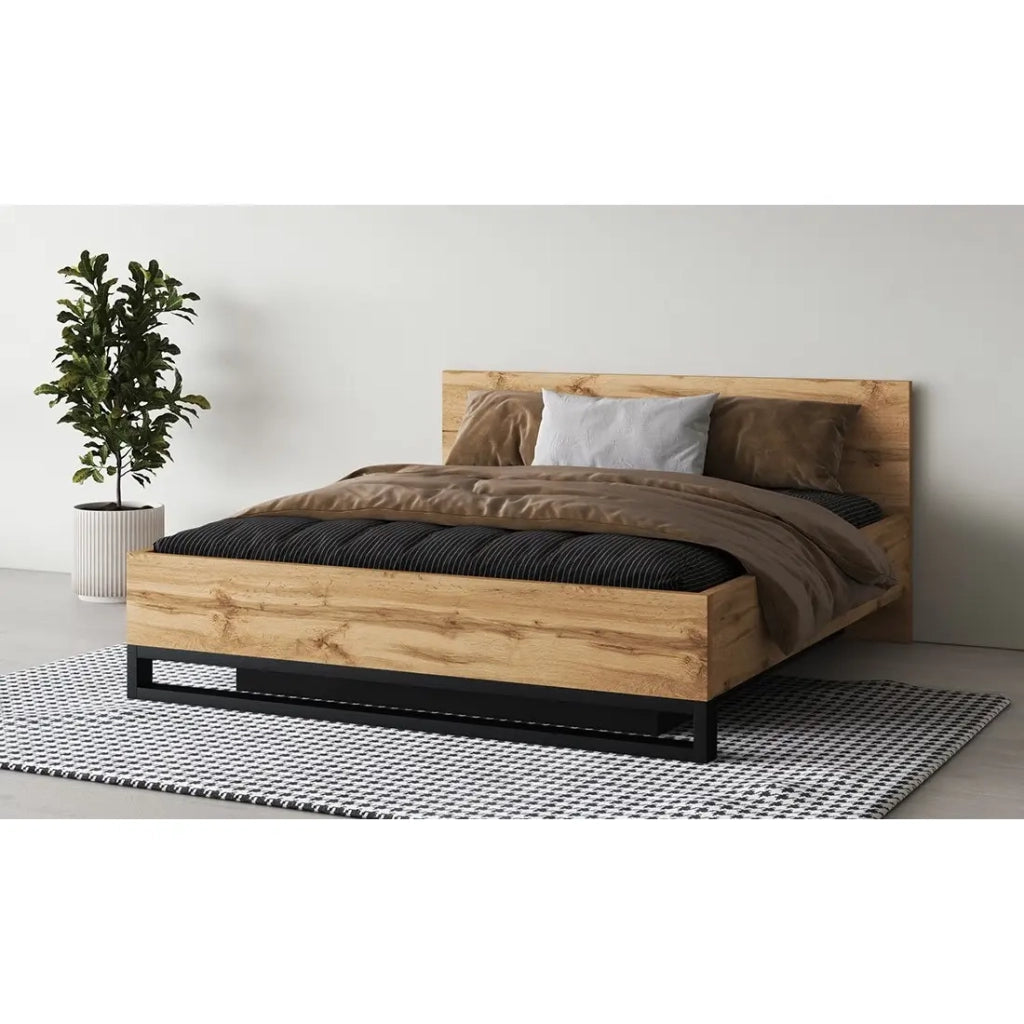 Letto contenitore 180x200 stile industriale - Collezione MILOS. Colori rovere grezzo e nero.