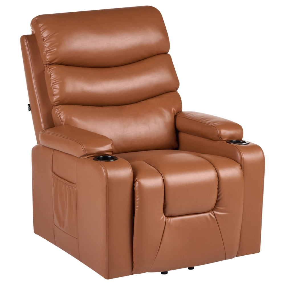 Poltrona reclinabile elettrica in ecopelle marrone monoposto con poggiapiedi e funzione di sollevamento design moderno relax